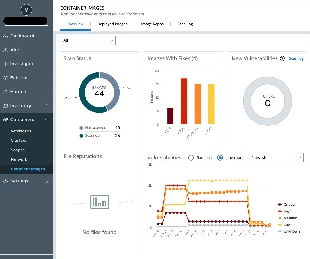 Example of Container Vulnerabilities dashboard from Carbon Black Cloud console